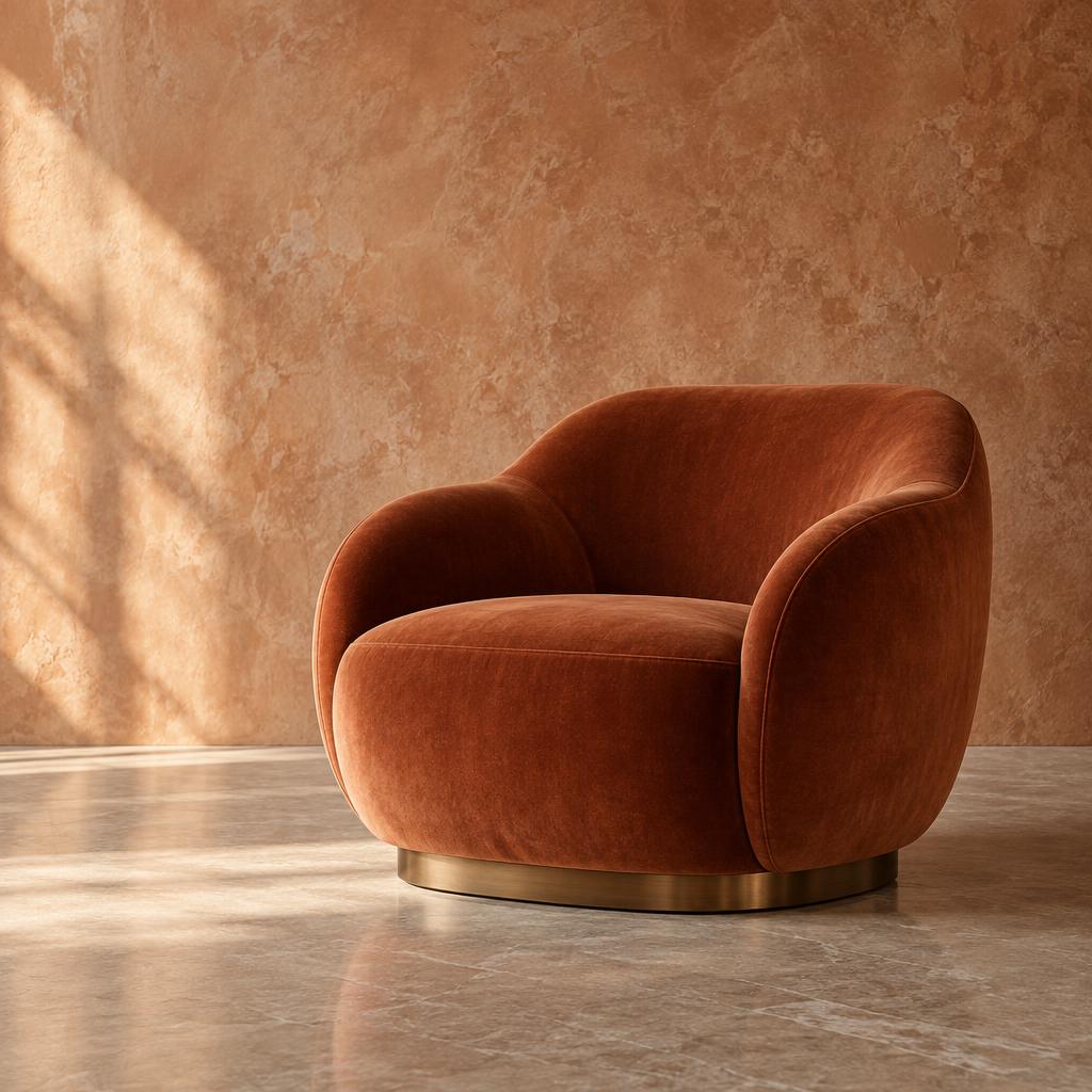 Sculptural rust velvet armchair against a clay limewash wall