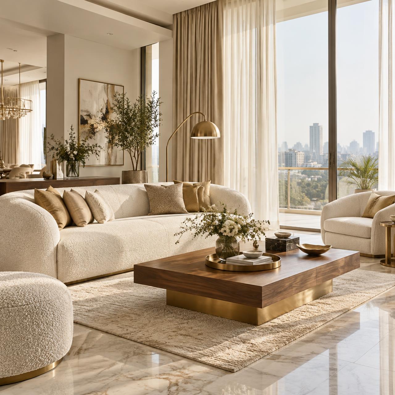 Bright living room with layered ivory curtains, boucle sofa and brass details