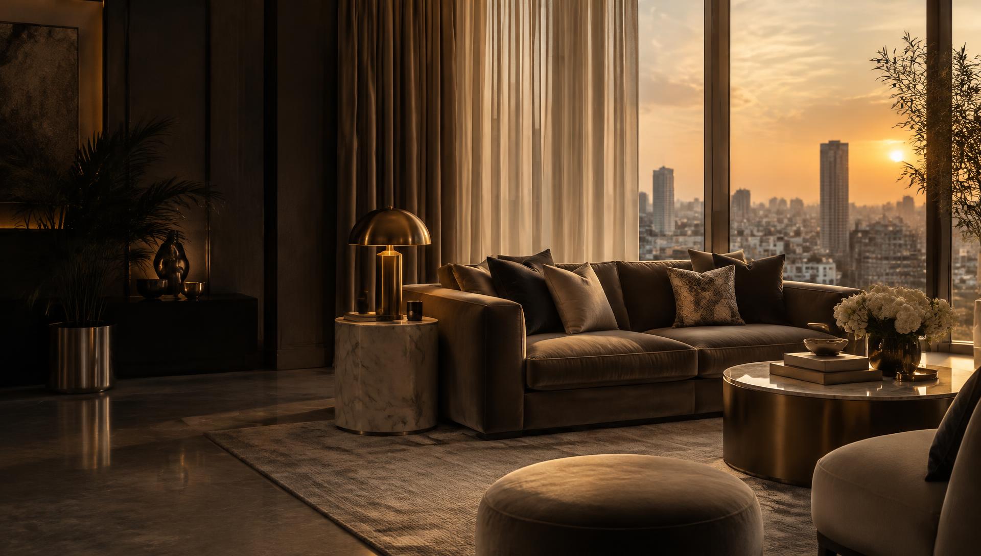 Warm luxury lounge at sunset with velvet sofa and silk curtains