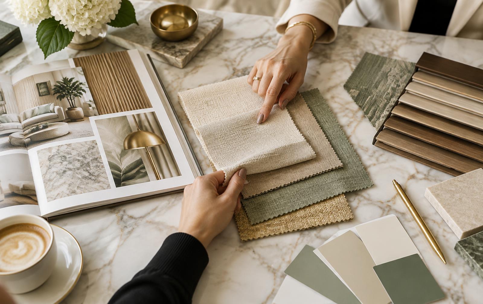 Designer comparing fabric swatches, wood samples and colour cards on marble