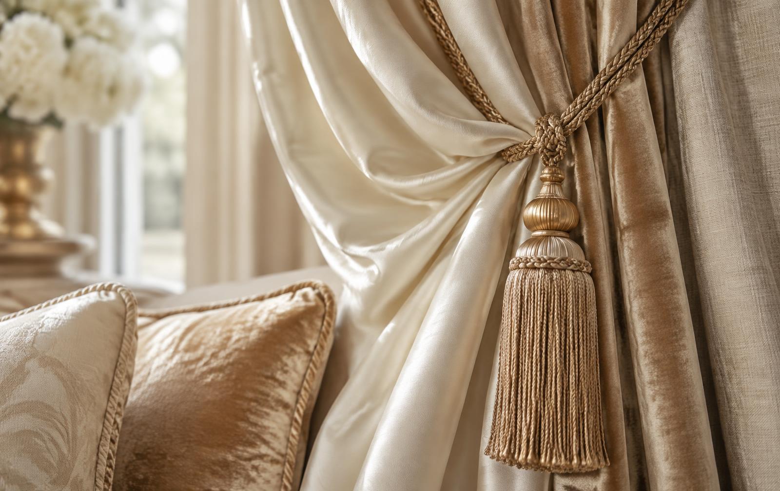 Ivory silk curtain with a gold tasseled tieback beside velvet cushions