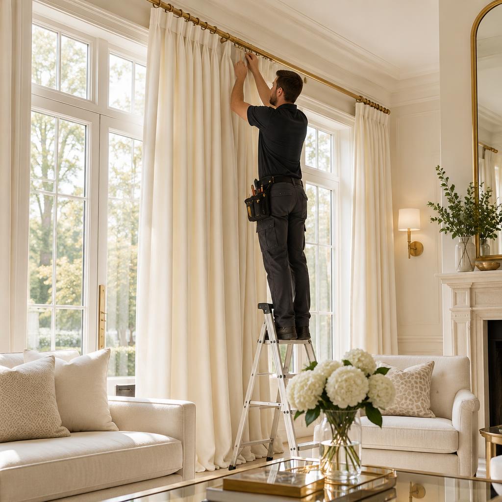 Installer hanging ivory curtains on a brass rod
