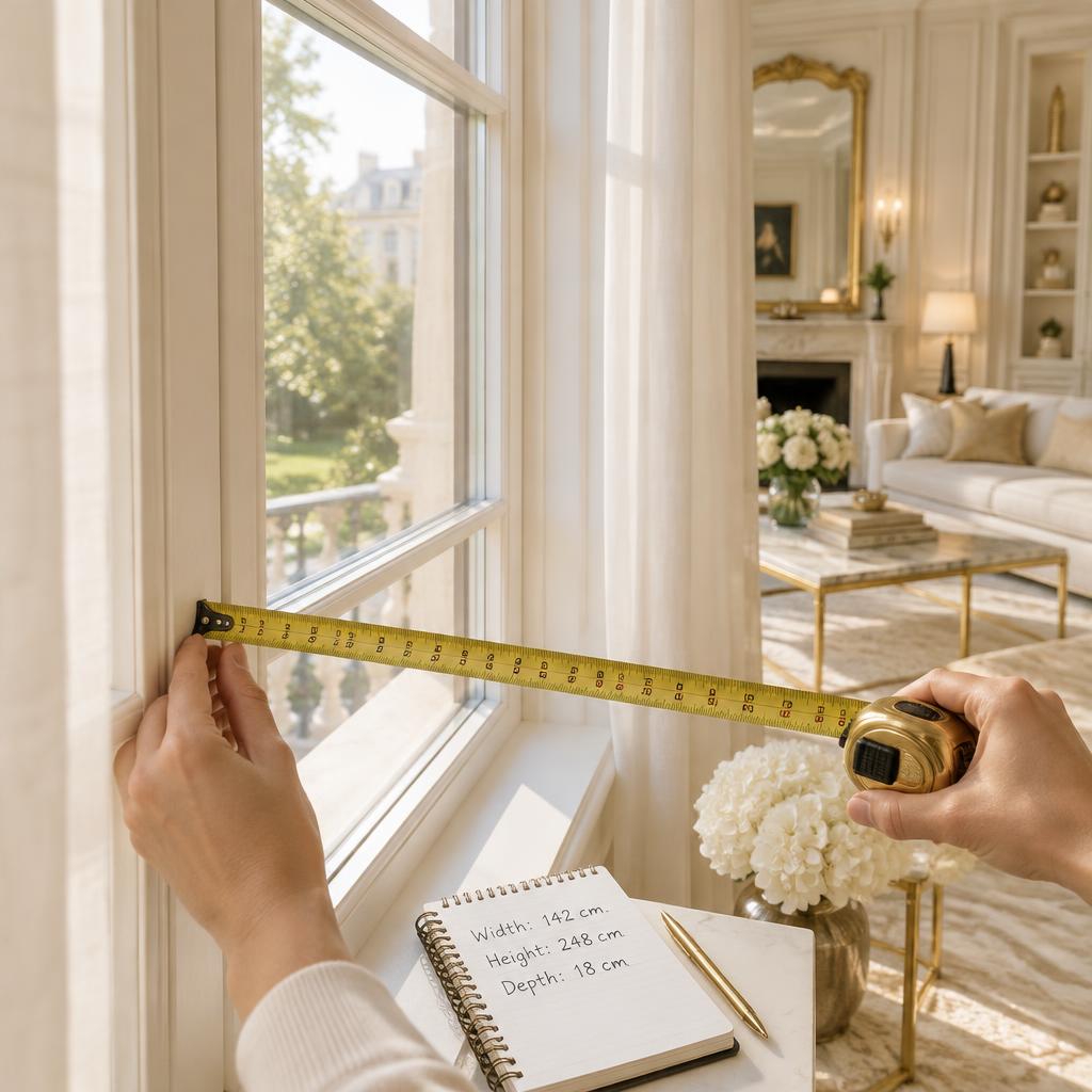 Measuring tape stretched across a tall window